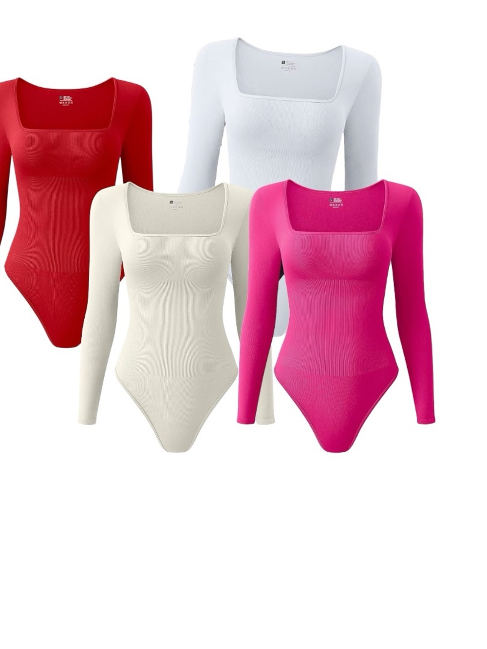 Classic Square Neck Long-Sleeve Bodysuit - White, Red, Pink, Cream